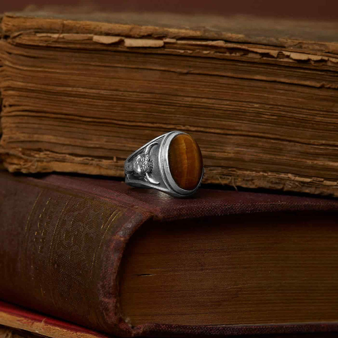 Taurus Bull Tiger Eye Gemstone Ring
