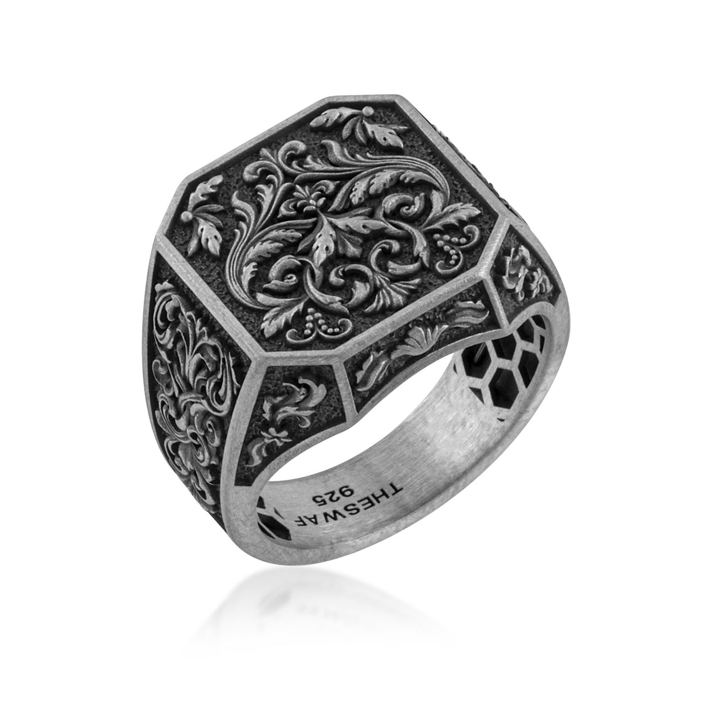 Baroque Acanthus Heraldic Signet Ring in 925 sterling silver oxidized, alternate angle 1