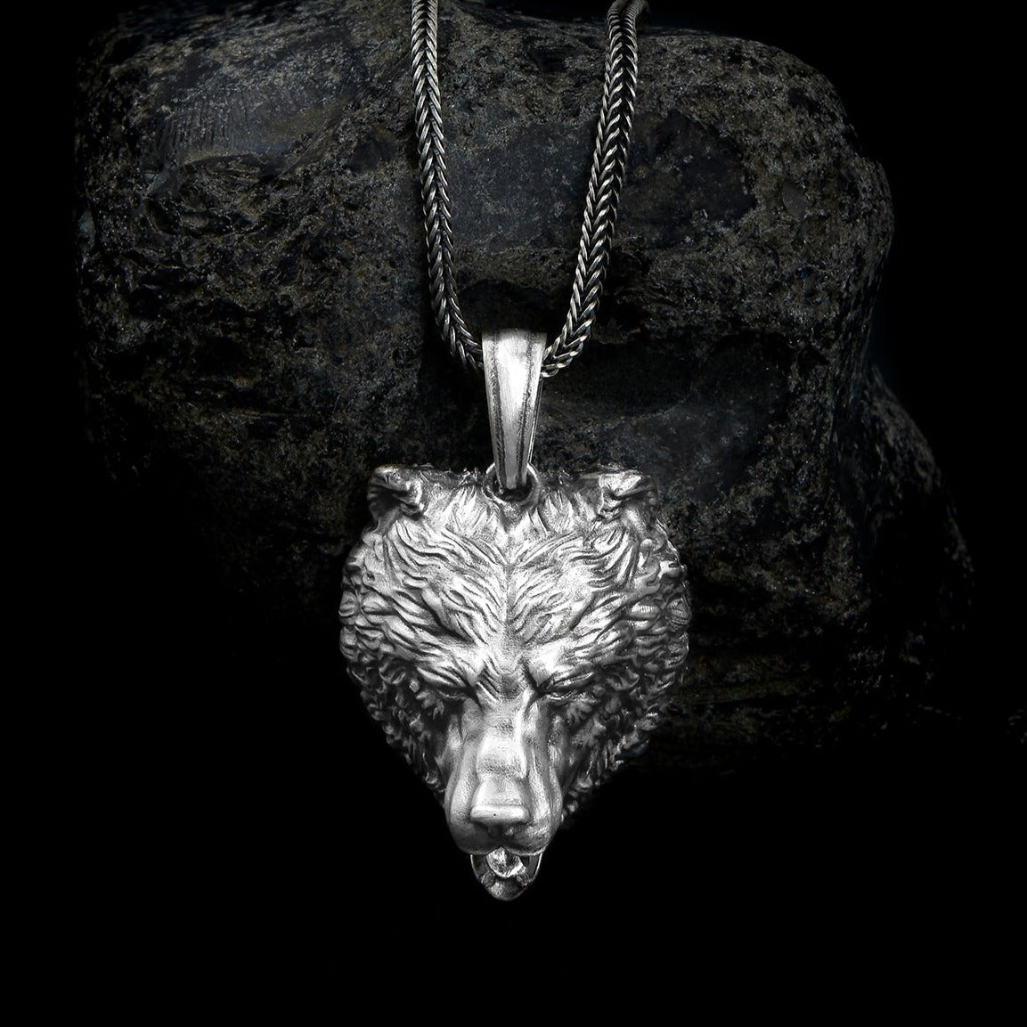 handmade sterling silver Bear Head Necklace, bear face, animal pendant.