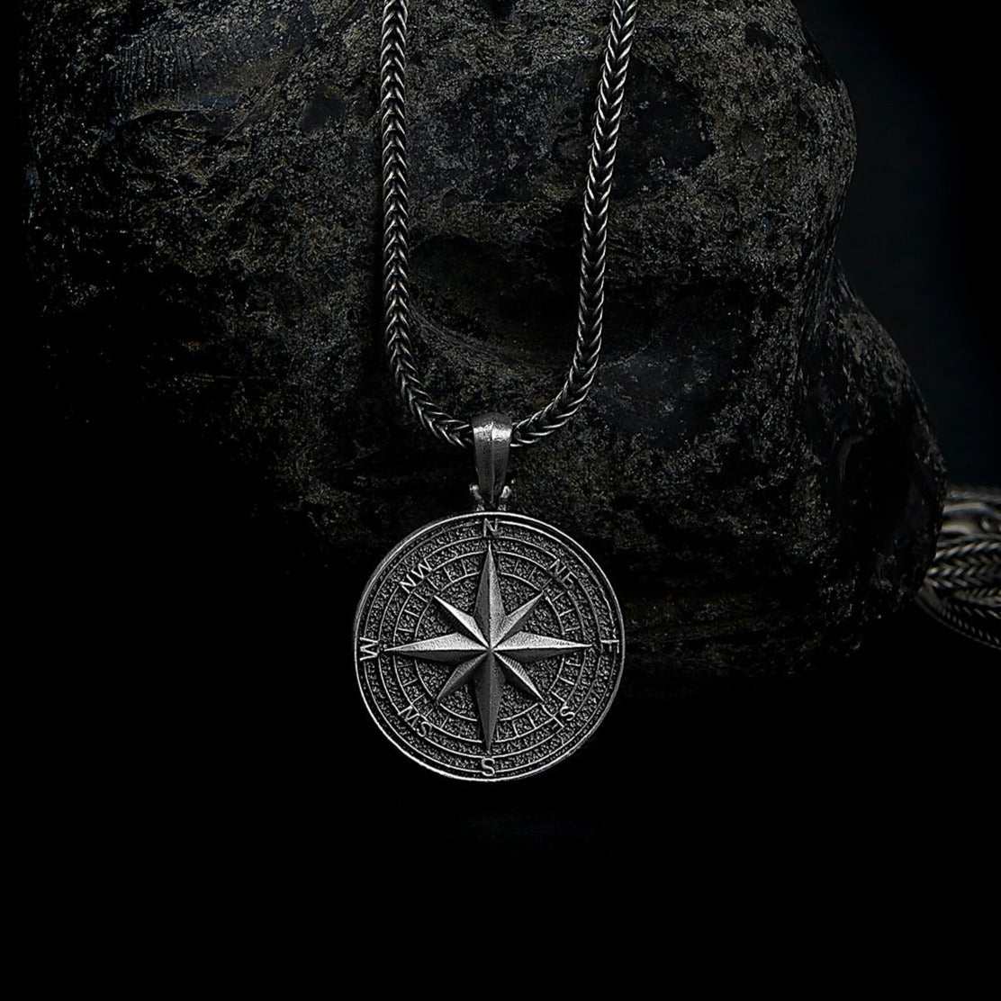 Elegant sterling silver Compass Necklace, symbolizing guidance and adventure., Navigator pendant