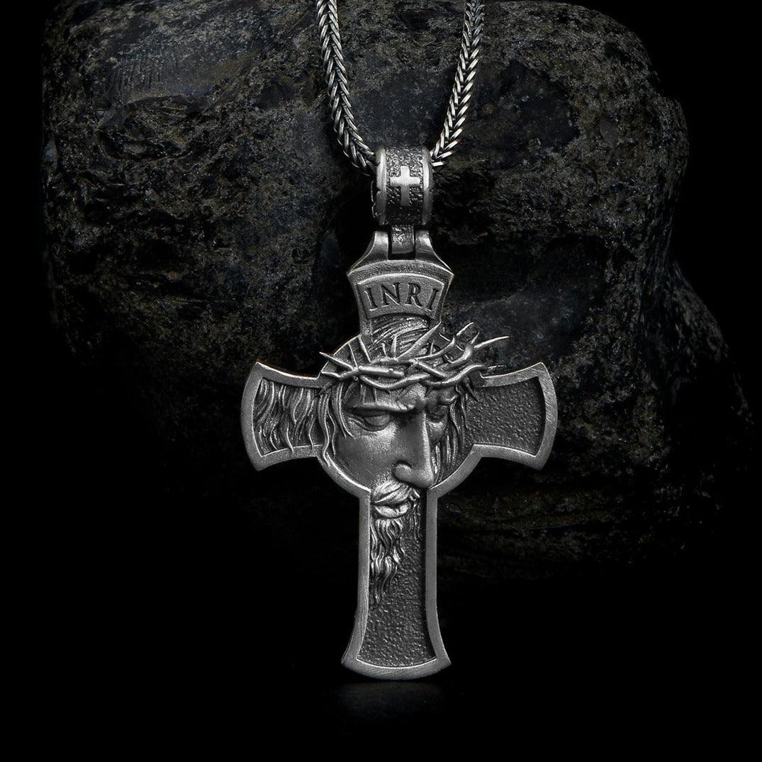 sterling silver Jesus Face Cross Necklace, religous necklace, christian.