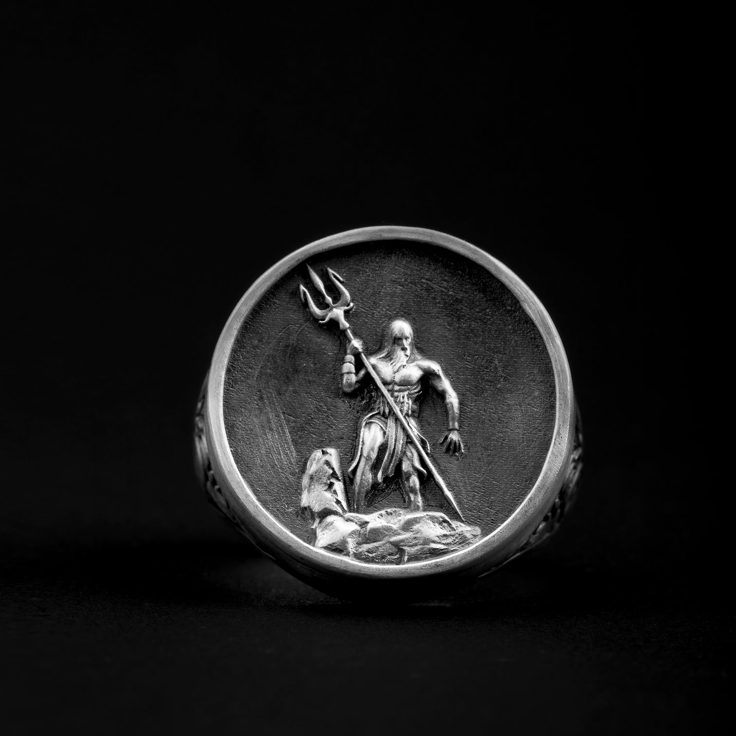 handmade sterling silver Poseidon Ring, greak god of the seas, trident.