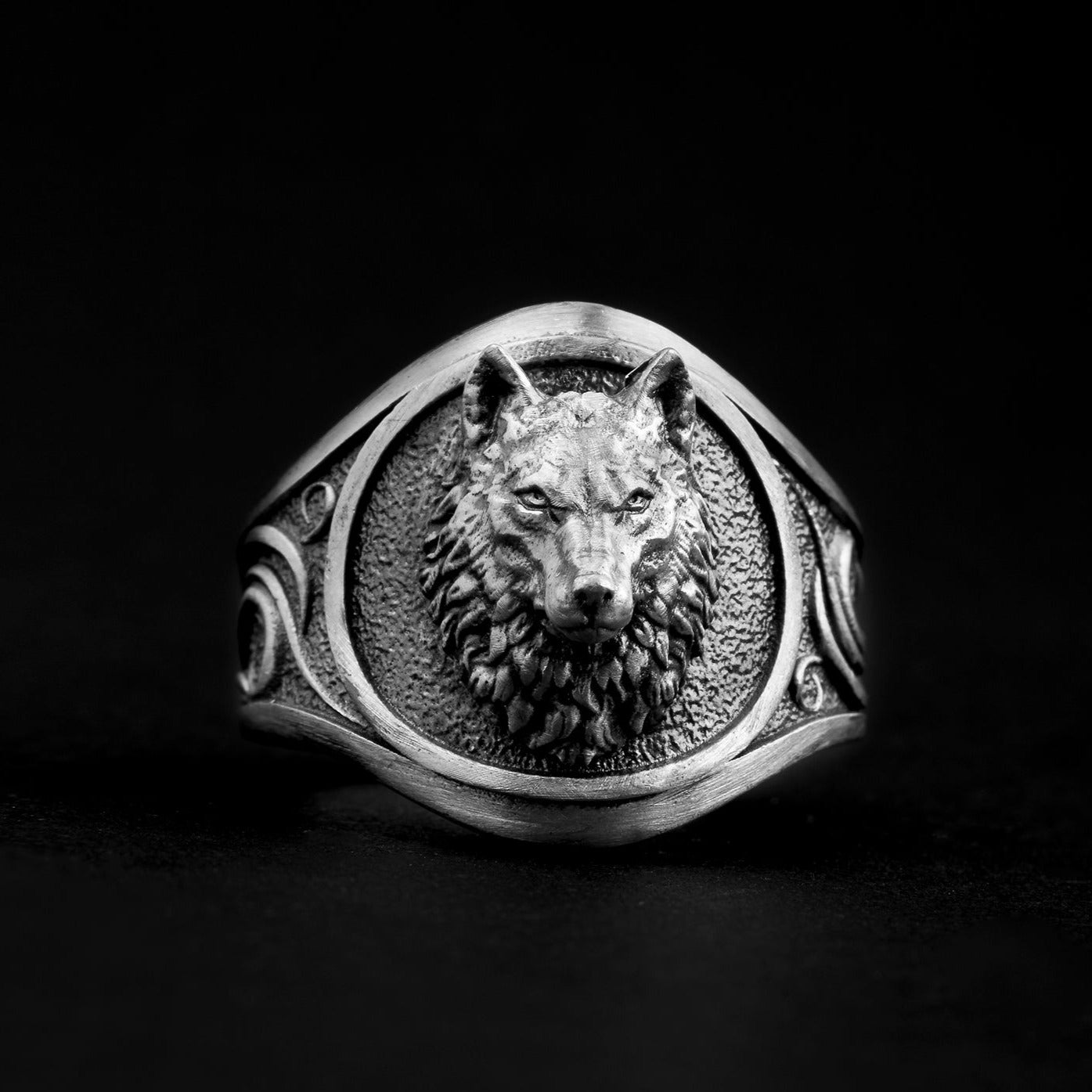 Detailed sterling silver Wolf Ring, encapsulating the fierce spirit and symbolism of the majestic wolf.
