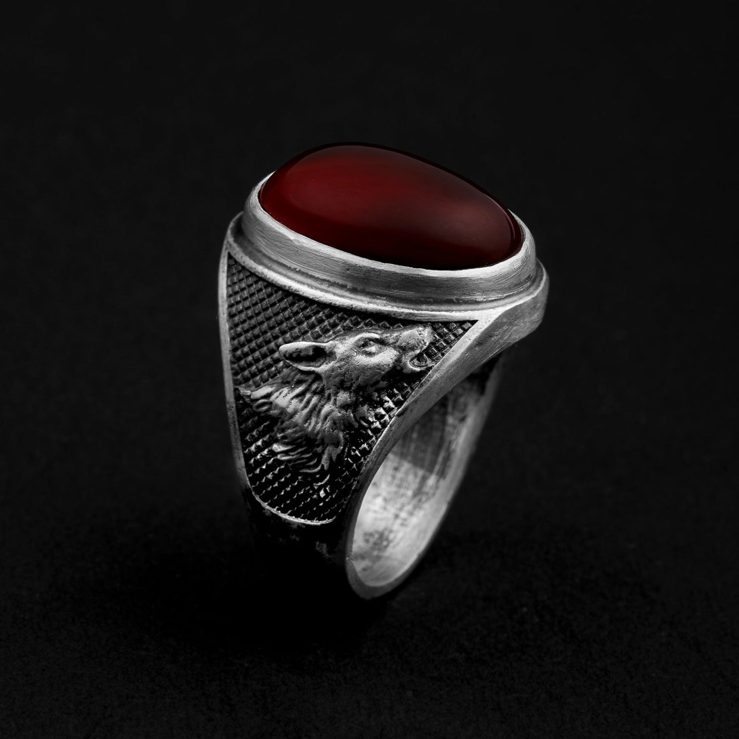 handmade sterling silver Wolf Carnelian Gemstone Ring
