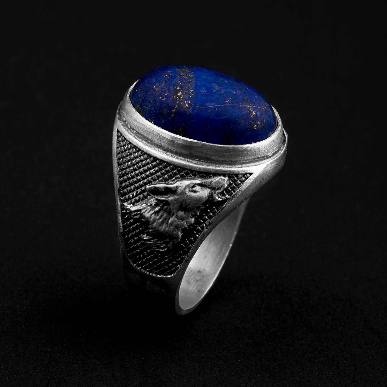 handmade sterling silver Wolf Lapis Gemstone Ring