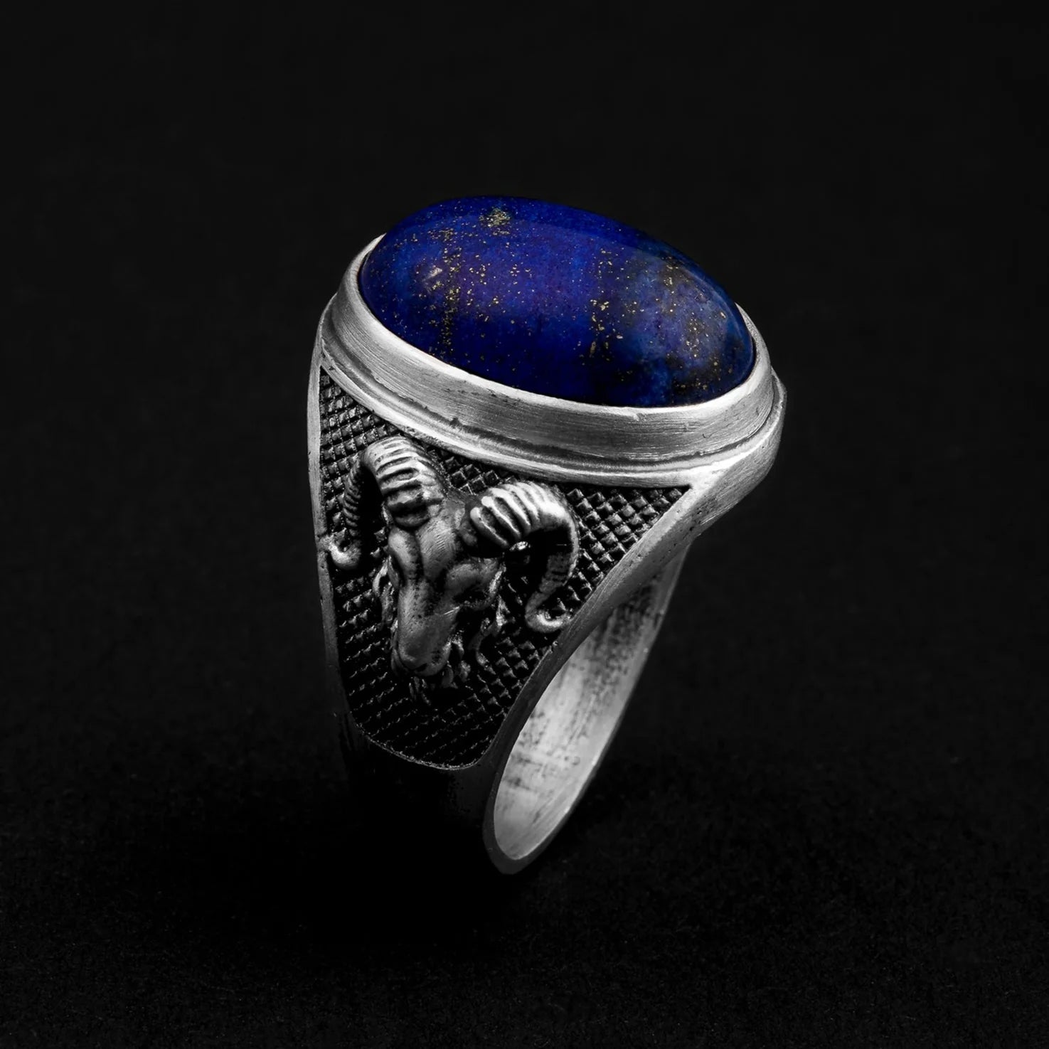 sterling silver aries head lapis lazuli ring, handmade, 