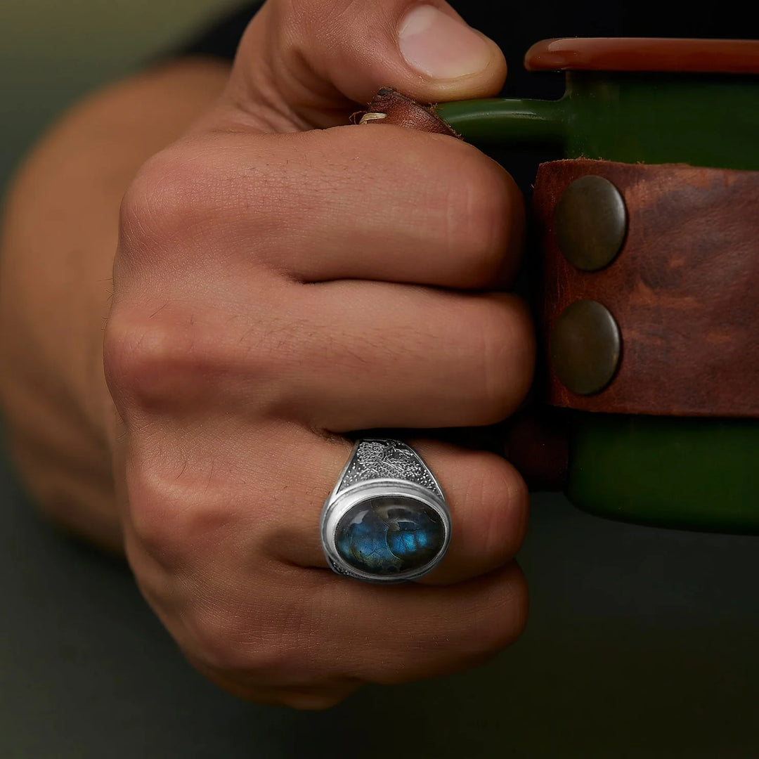 labradorite rings, ethereal spectrum of blues, greens, and golds