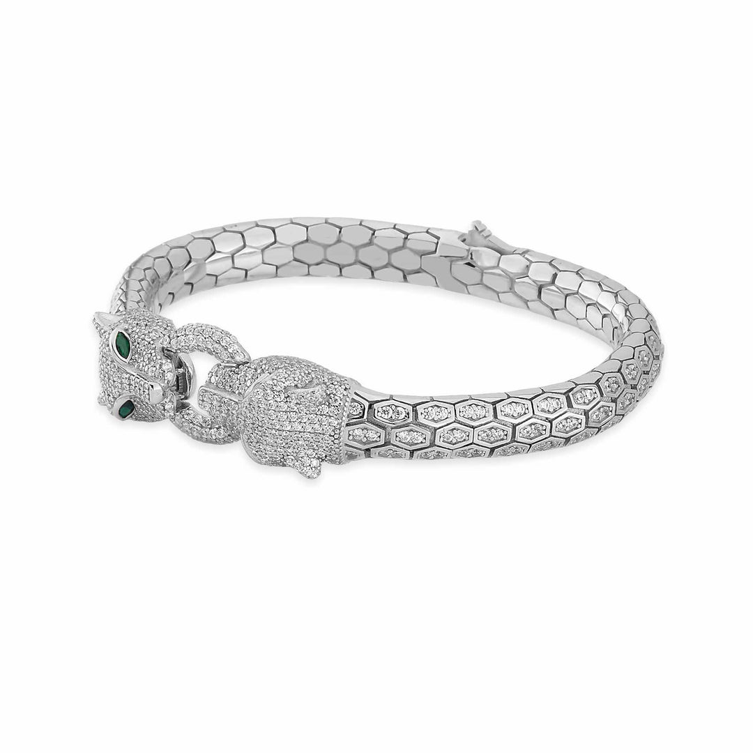 Panther Motif Polished Sterling Silver Bracelet with White CZ Stones