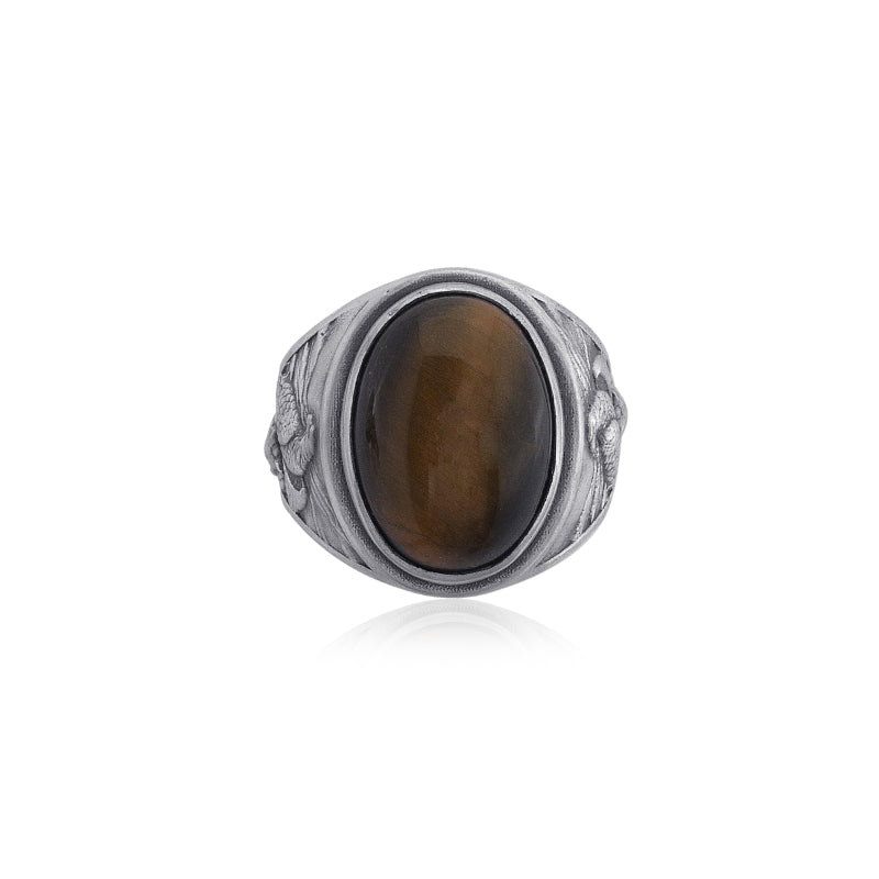 Eagle and Wolf Tiger Eye Ring top view