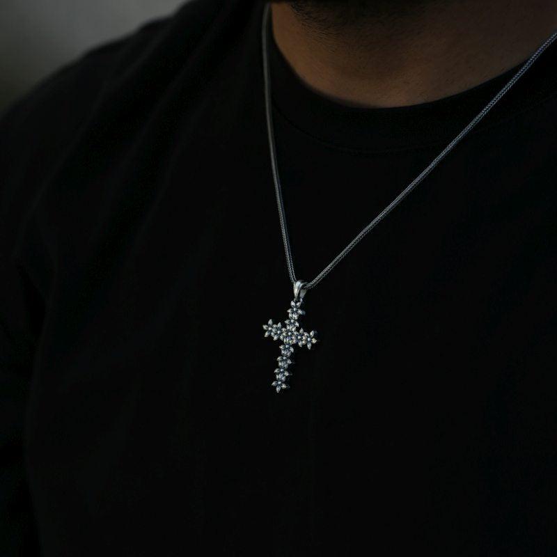 Floral Cross Pendant Necklaceon the neck