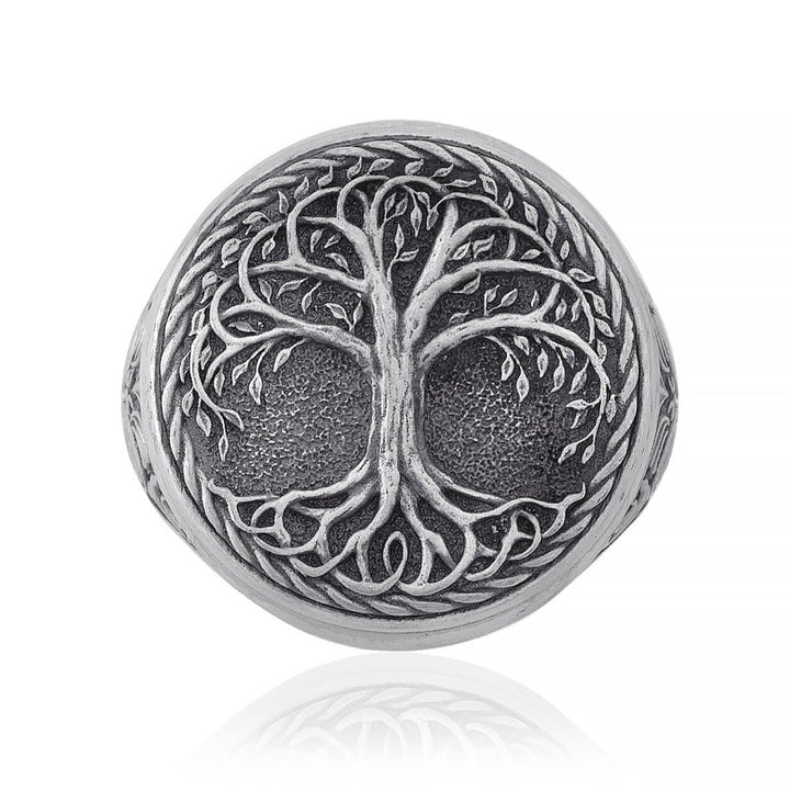 Detailed sterling silver men's ring showcasing the intricate Yggdrasil, the Tree of Life from Norse mythology, representing interconnectedness and the universe's vast expanse.