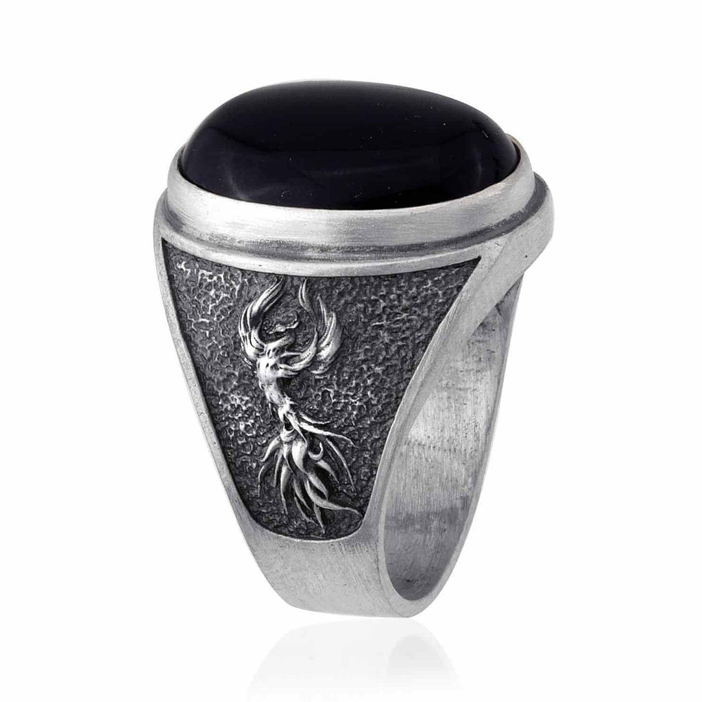 Men's Black Onyx Stone Ring, Double Sword Detailed Silver