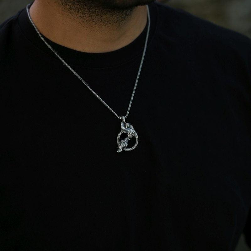 Ravens Pendant Necklace on the neck