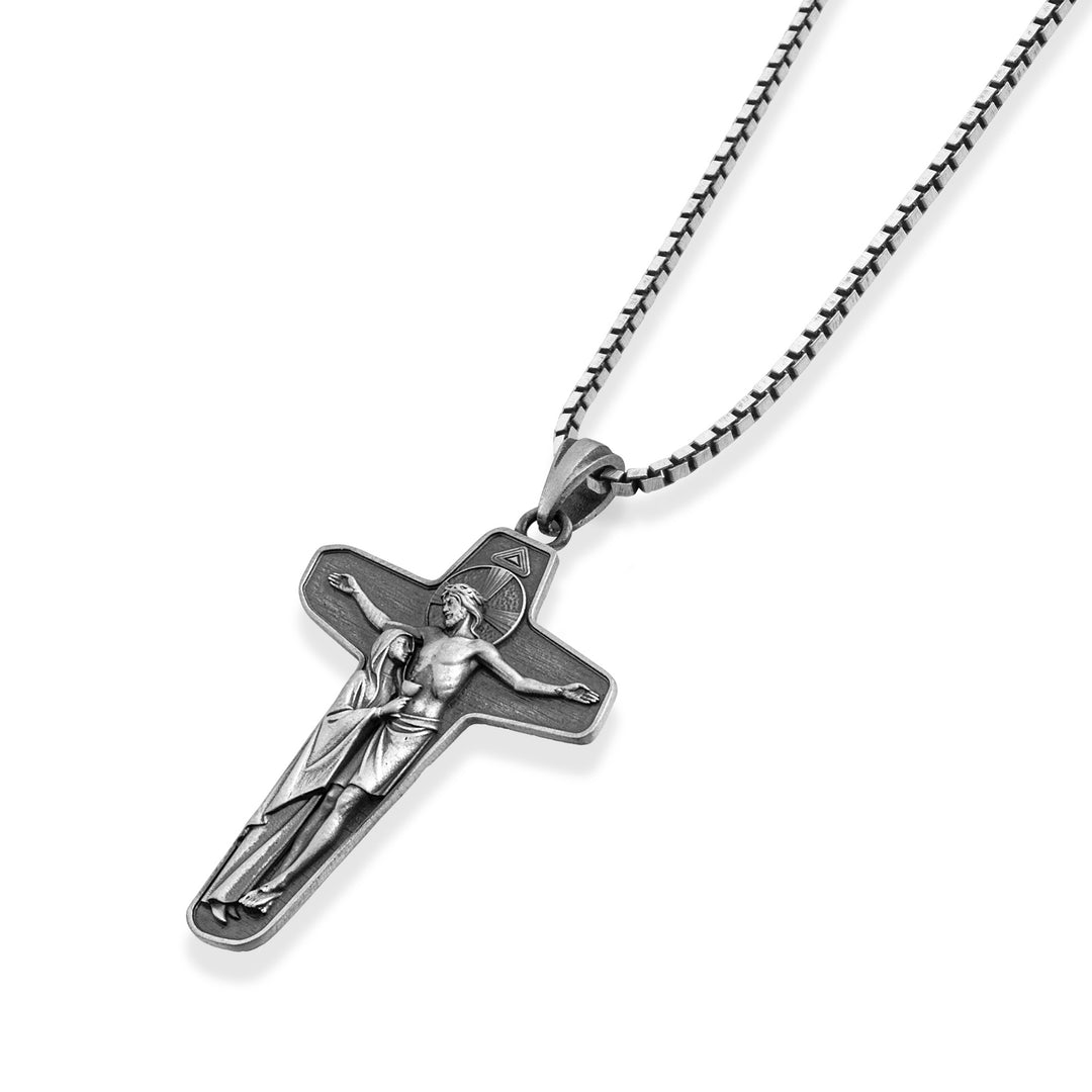 Christ and Mary Devotional Cross Necklace – 925 Sterling Silver Oxidized