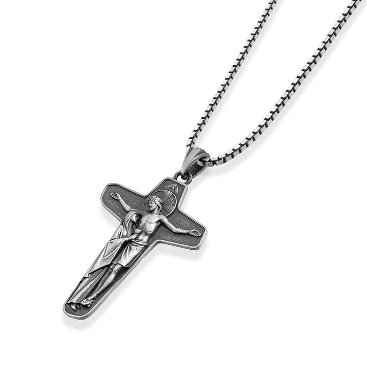 Christ and Mary Devotional Cross Necklace – 925 Sterling Silver Oxidized