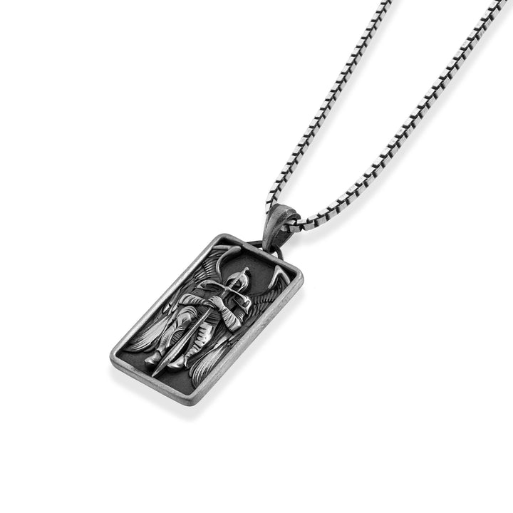 Winged Archangel Sword Dog Tag Necklace – Angled View