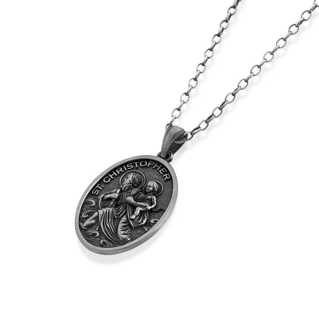 Saint Christopher Waves Medallion Necklace – 925 Sterling Silver Oxidized
