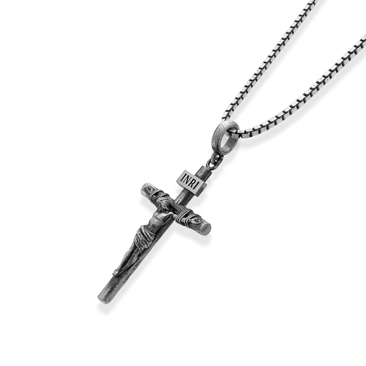 INRI Rustic Crucifix Necklace – 925 Sterling Silver Oxidized
