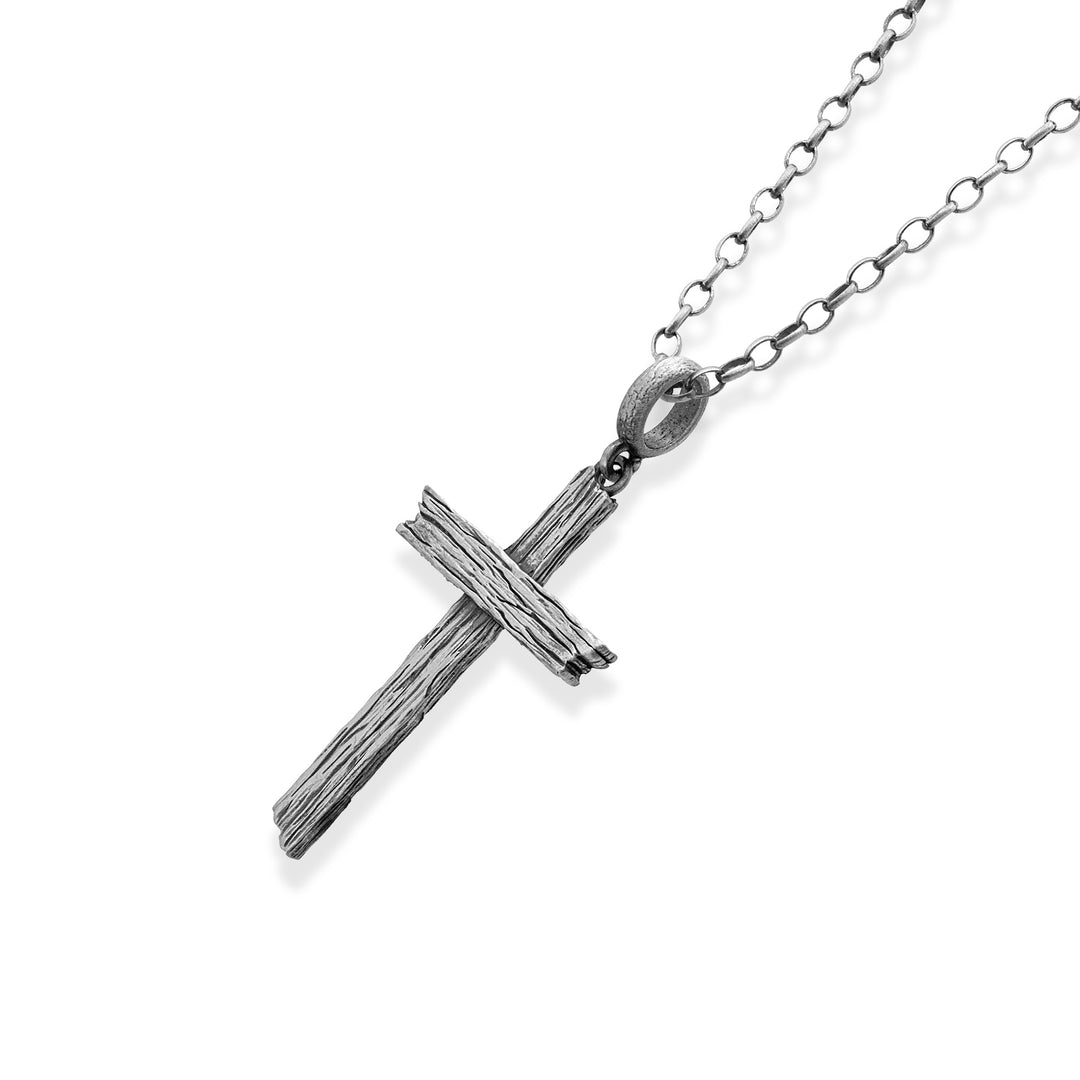 Hand-Carved Woodgrain Cross Necklace – 925 Sterling Silver Oxidized