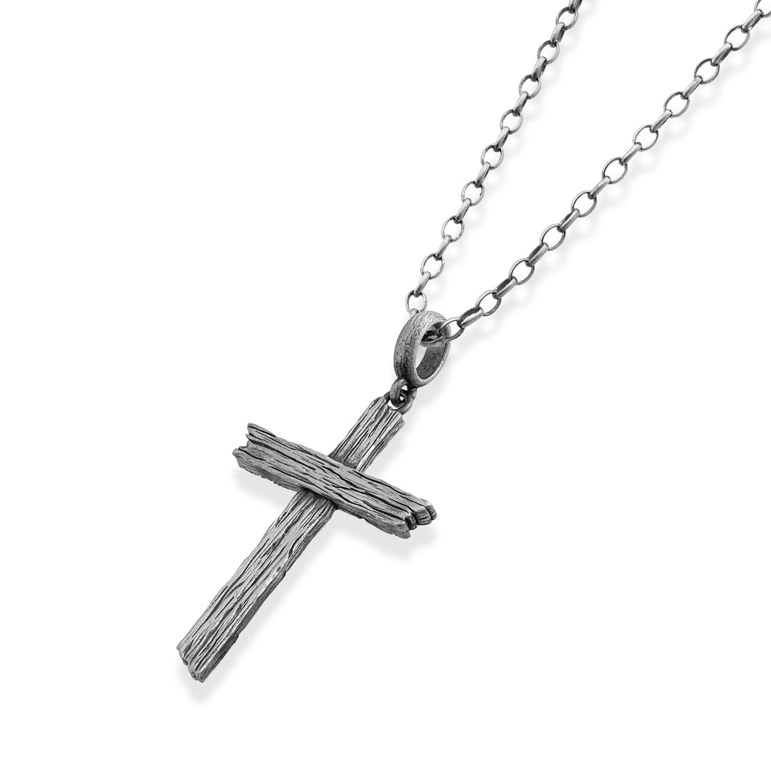 Hand-Carved Woodgrain Cross Necklace – Angled View