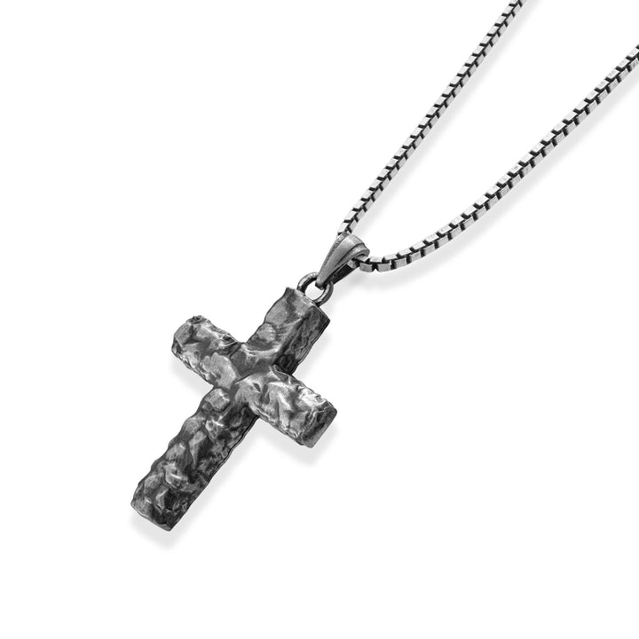 Hammered Cross Pendant Necklace – 925 Sterling Silver Oxidized