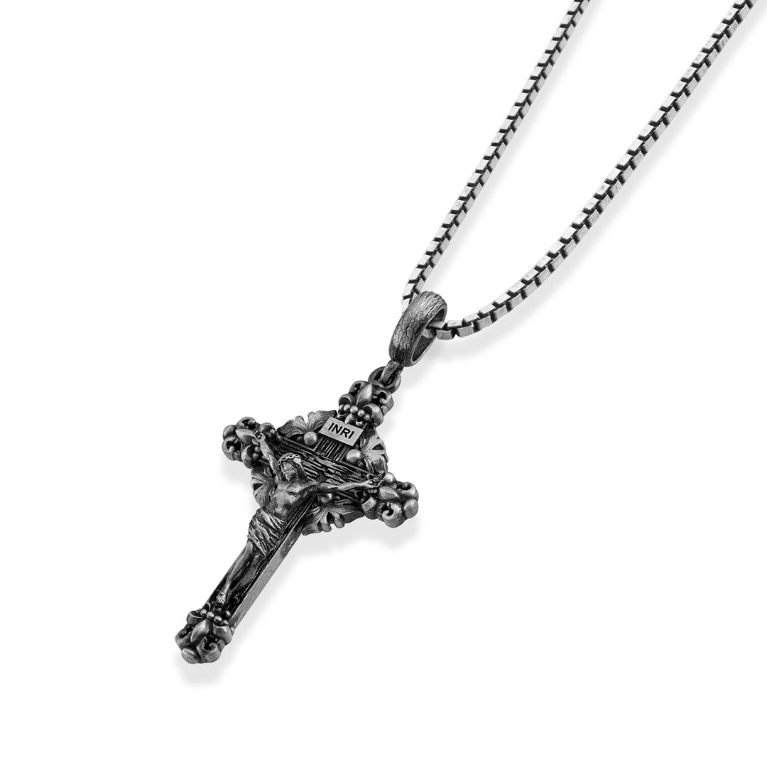 Baroque Skull Crucifix Necklace – Angled View