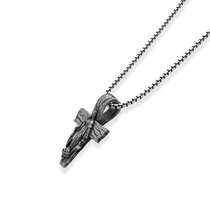 Virgin Mary Woodgrain Cross Necklace – 925 Sterling Silver Oxidized