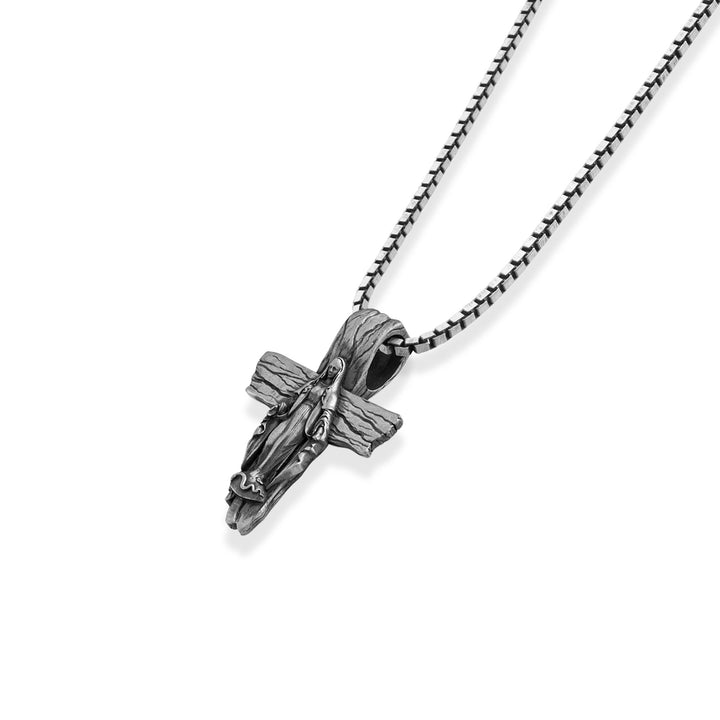 Virgin Mary Woodgrain Cross Necklace – Angled View
