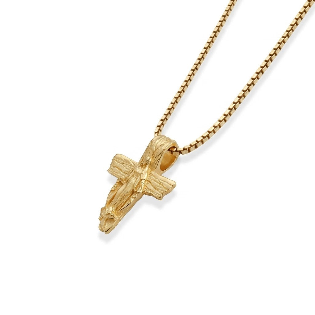 Virgin Mary Woodgrain Cross Necklace