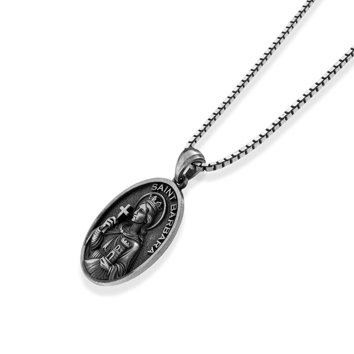 Saint Barbara Cross Medallion Necklace – 925 Sterling Silver Oxidized