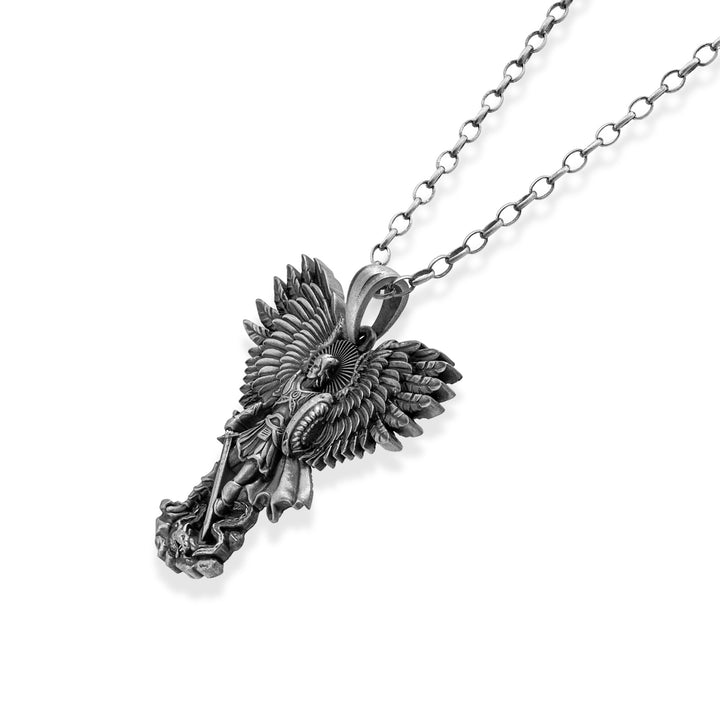 Archangel Michael Victory Pendant Necklace – 925 Sterling Silver Oxidized