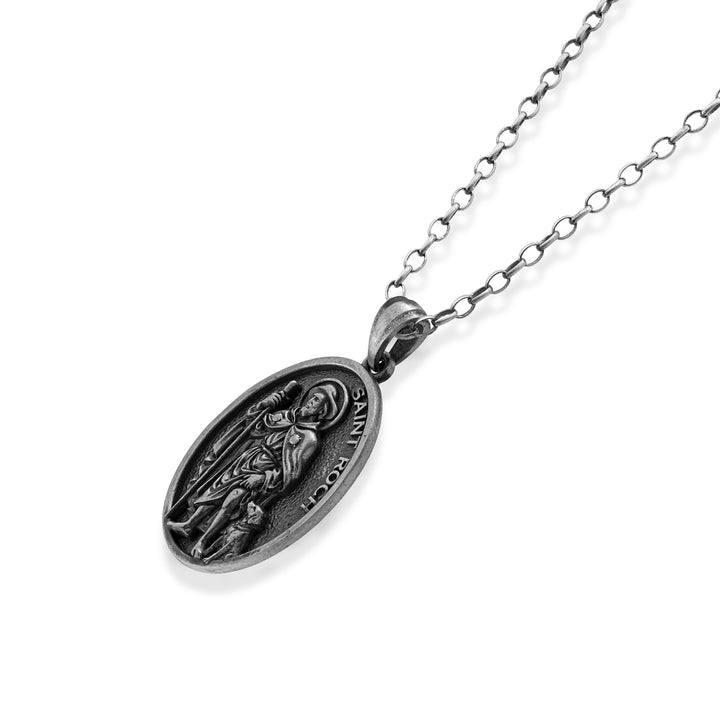 Saint Roch Pilgrim Medallion Necklace – 925 Sterling Silver Oxidized