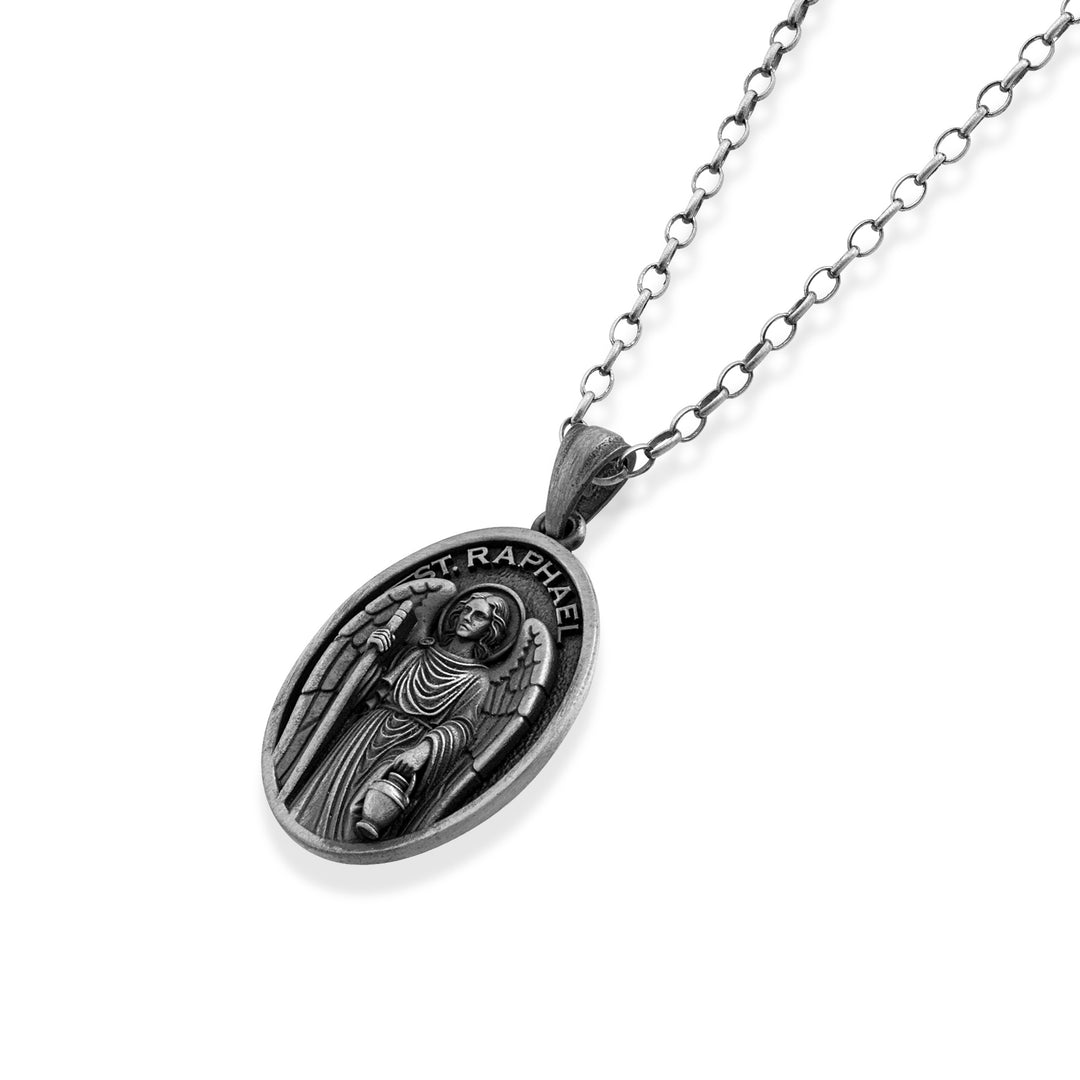Saint Raphael Archangel Medallion Necklace – Angled View