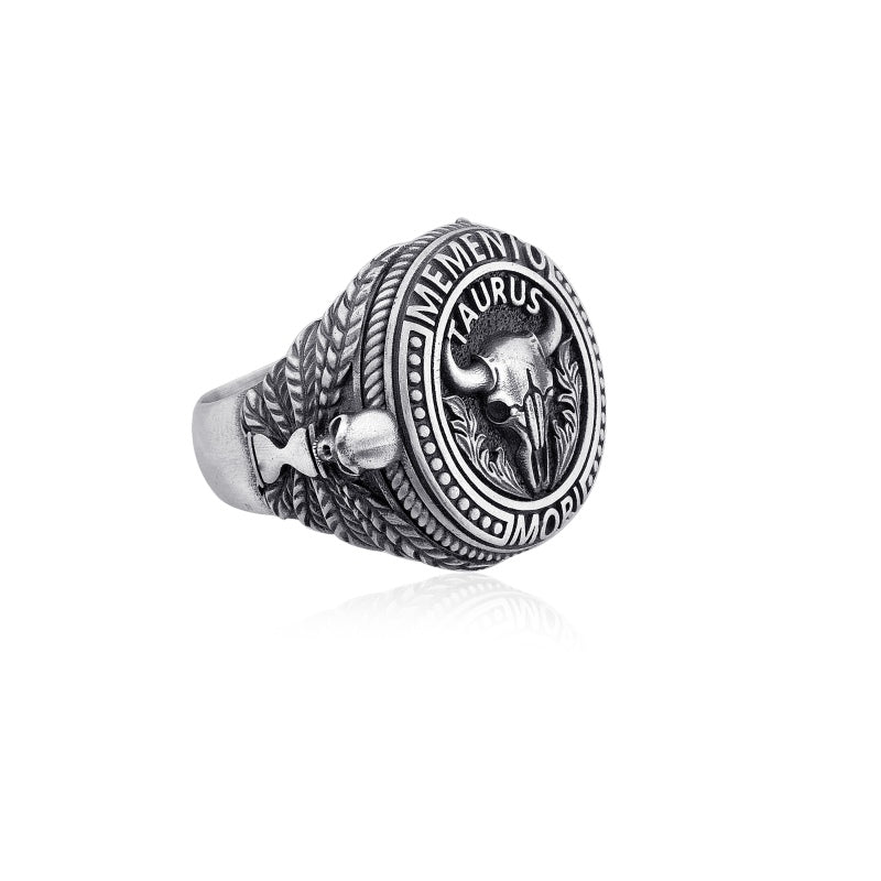 Taurus Zodiac Skull Ring side view