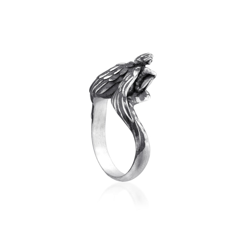 Winged Solitude Sterling Silver Ring side view