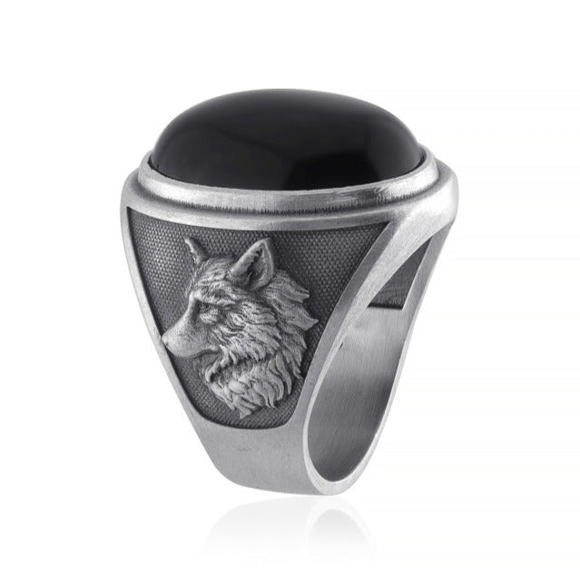 Wolf Face Onyx Ring