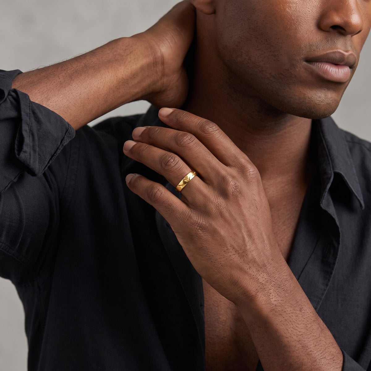 Worn Band Ring on male model, gold finish
