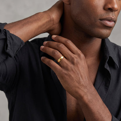 Worn Band Ring on male model, gold finish