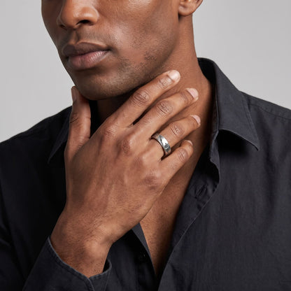 Worn Band Ring on male model, oxidized 925 silver, editorial