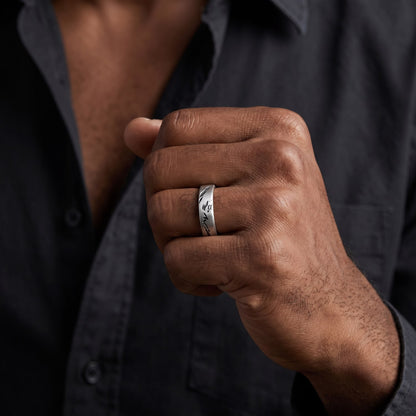 Worn Band Ring on male model, oxidized 925 silver, close-up