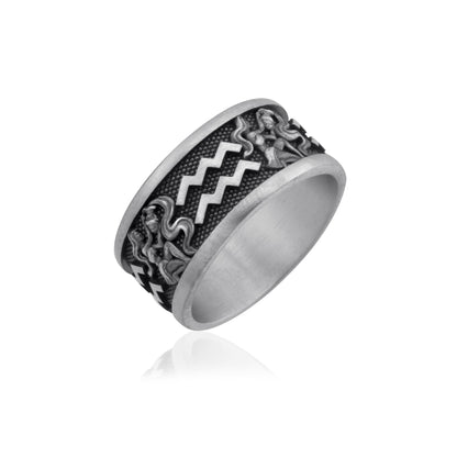 Aquarius Zodiac Silver Band Ring