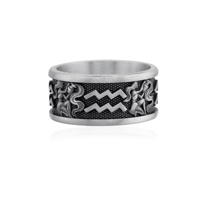 Aquarius Zodiac Silver Band Ring