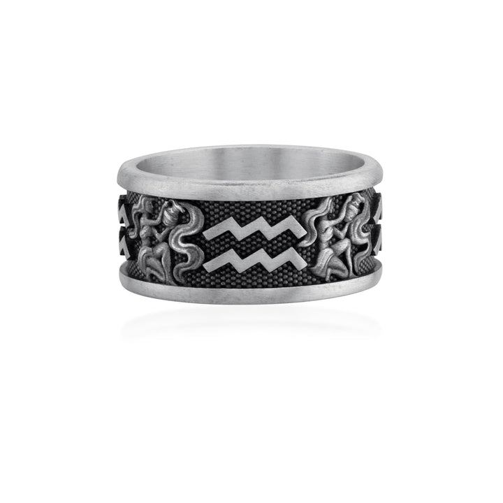 Aquarius Zodiac Silver Band Ring