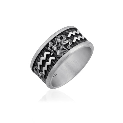 Aquarius Zodiac Silver Band Ring