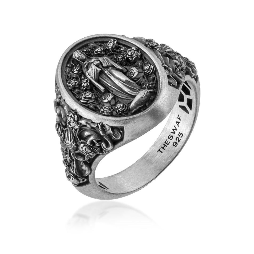 Our Lady of Roses Signet Ring in 925 sterling silver oxidized, alternate angle 1