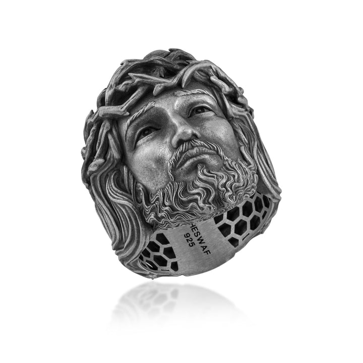 Crown of Thorns Jesus Portrait Ring in 925 sterling silver oxidized, alternate angle 1