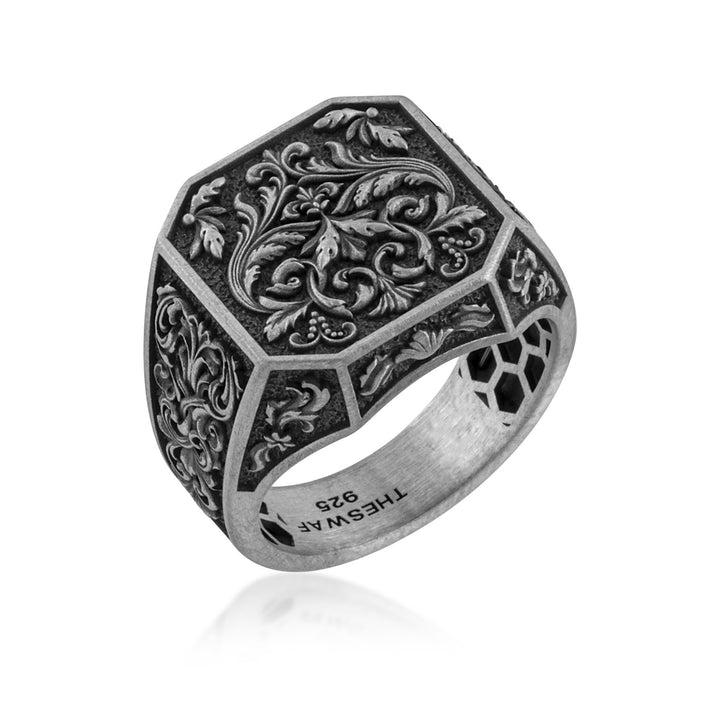Baroque Acanthus Heraldic Signet Ring in 925 sterling silver oxidized, alternate angle 1