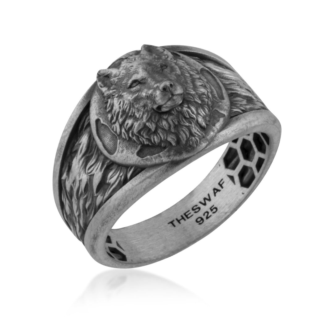 Moonlit Wolf Guardian Ring in 925 sterling silver oxidized, alternate angle 1