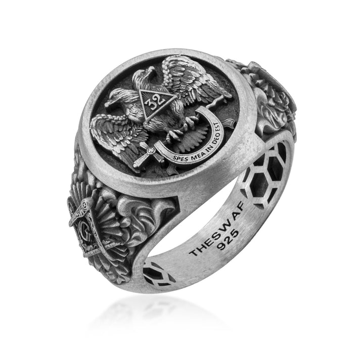 Scottish Rite 32nd Degree Eagle Ring in 925 sterling silver oxidized, alternate angle 1