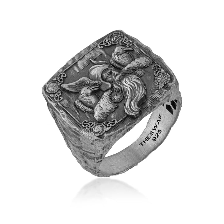 Odin and Ravens Norse Signet Ring in 925 sterling silver oxidized, alternate angle 1